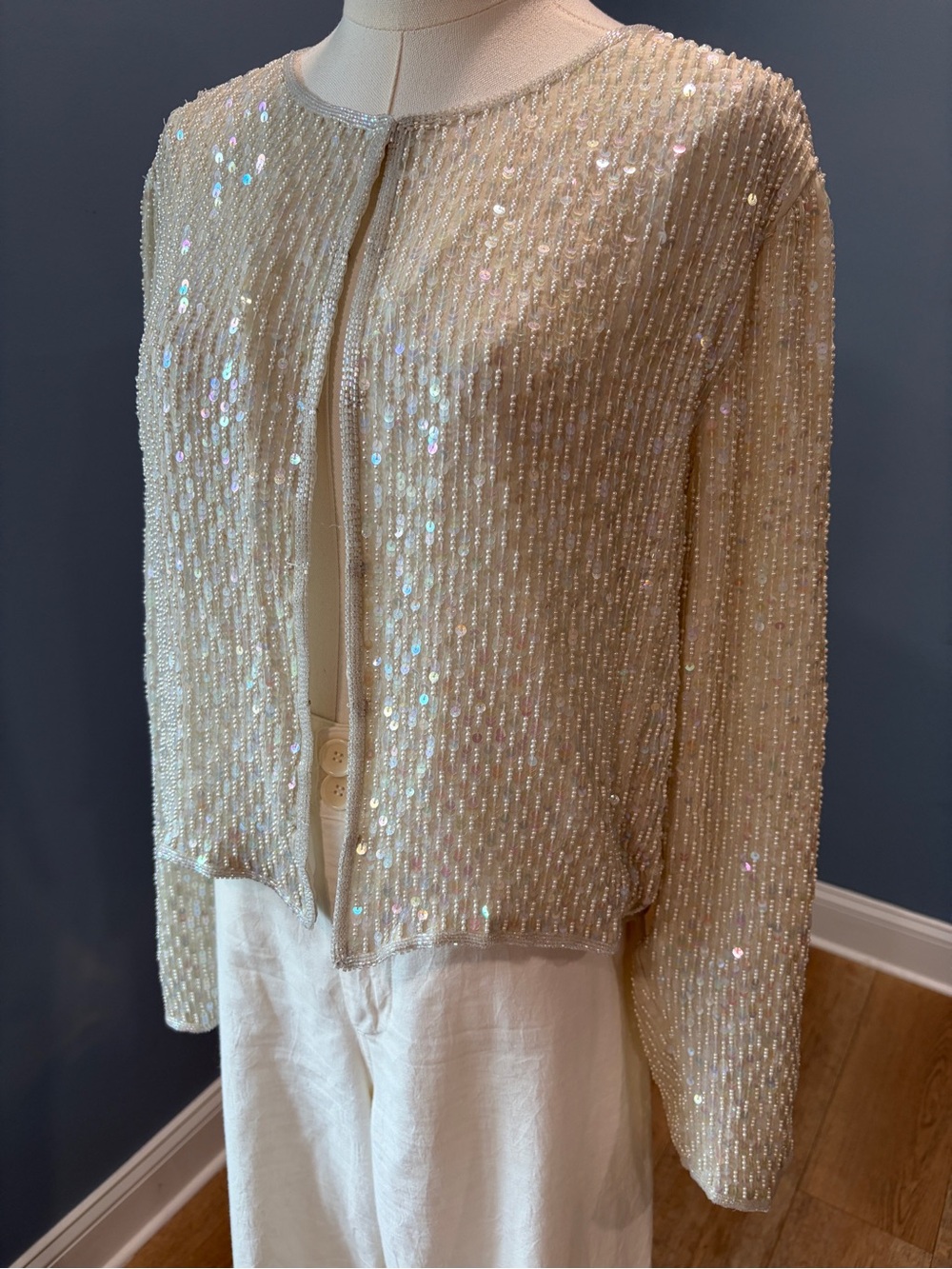 Vintage Laurence Kazar New York Silk Beaded Sequin Jacket Ivory XL - Picture 3 of 10
